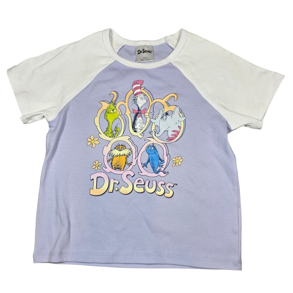 Dr Seuss Portrait Graphic T-Shirt Kids Small 6-7 Lavender White Raglan‎ NWT
